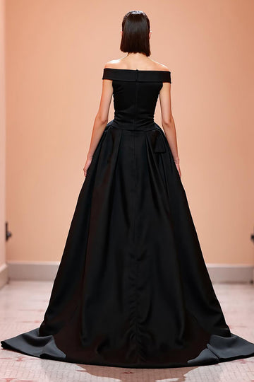 Off The Shoulder A Line Black Evening Dress with Slit